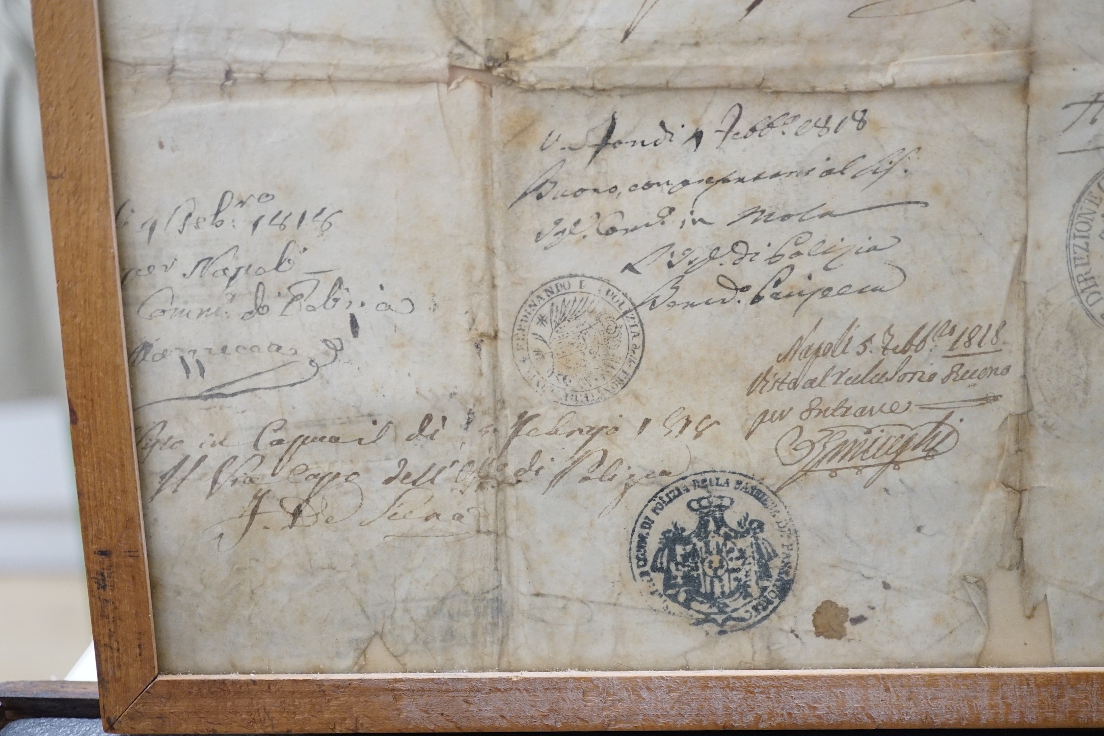 A framed quantity of historical ambassadorial documents relating to The right honourable Charles Stewart KCB, including passports relating for Paris and Rome c.1818